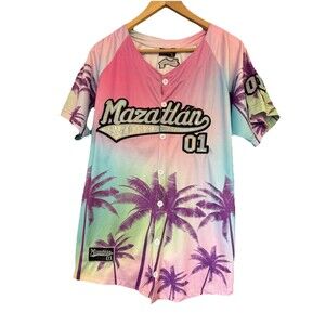Mazatlan Mexico Baseball Jersey #01 Sunset Palm Tree Gradient Size Medium